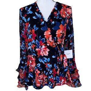 PERSEPTION CONCEPT FLORAL BLOUSE CROSSOVER NECK TIES ON SIDE SHEER BELL SLEEVES